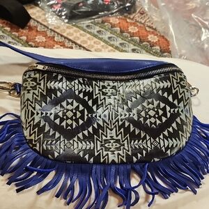 Aztec Patterned Blue and Black Crossbody Bag with Fringe